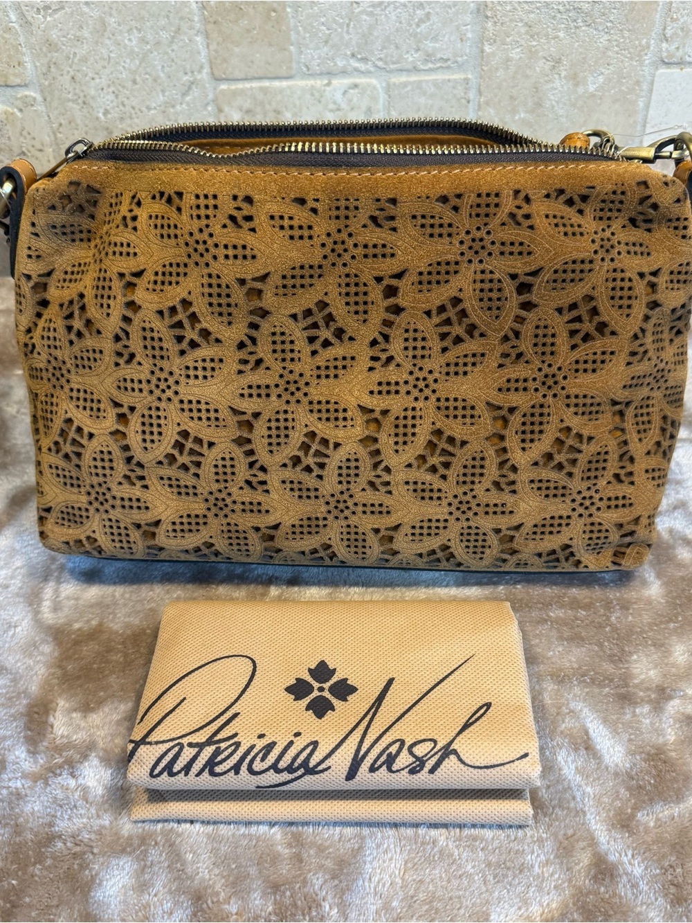 NWT Patricia Nash Brown Suede Floral Laser Cut Crossbody Bag
